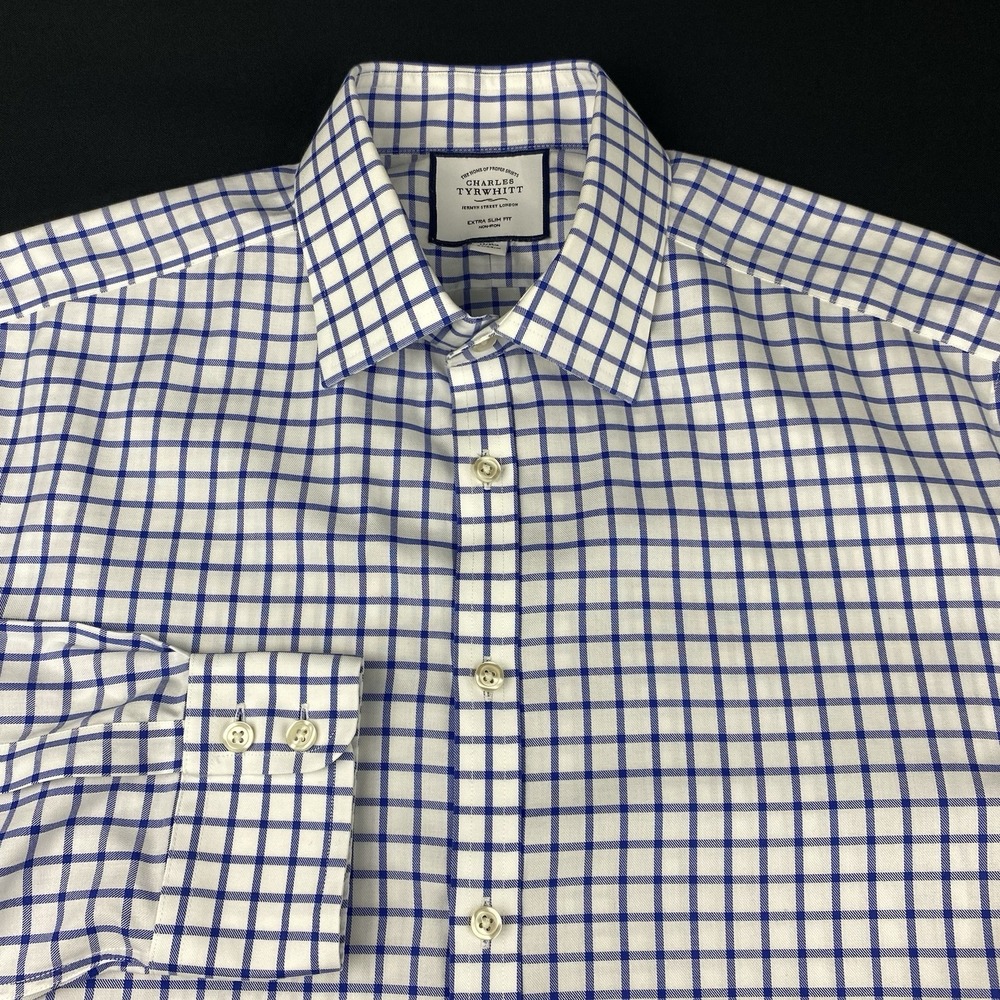 Charles Tyrwhitt Dress Shirt Mens 17-35 White w/Blue Checks X-Slim Fit No Iron
